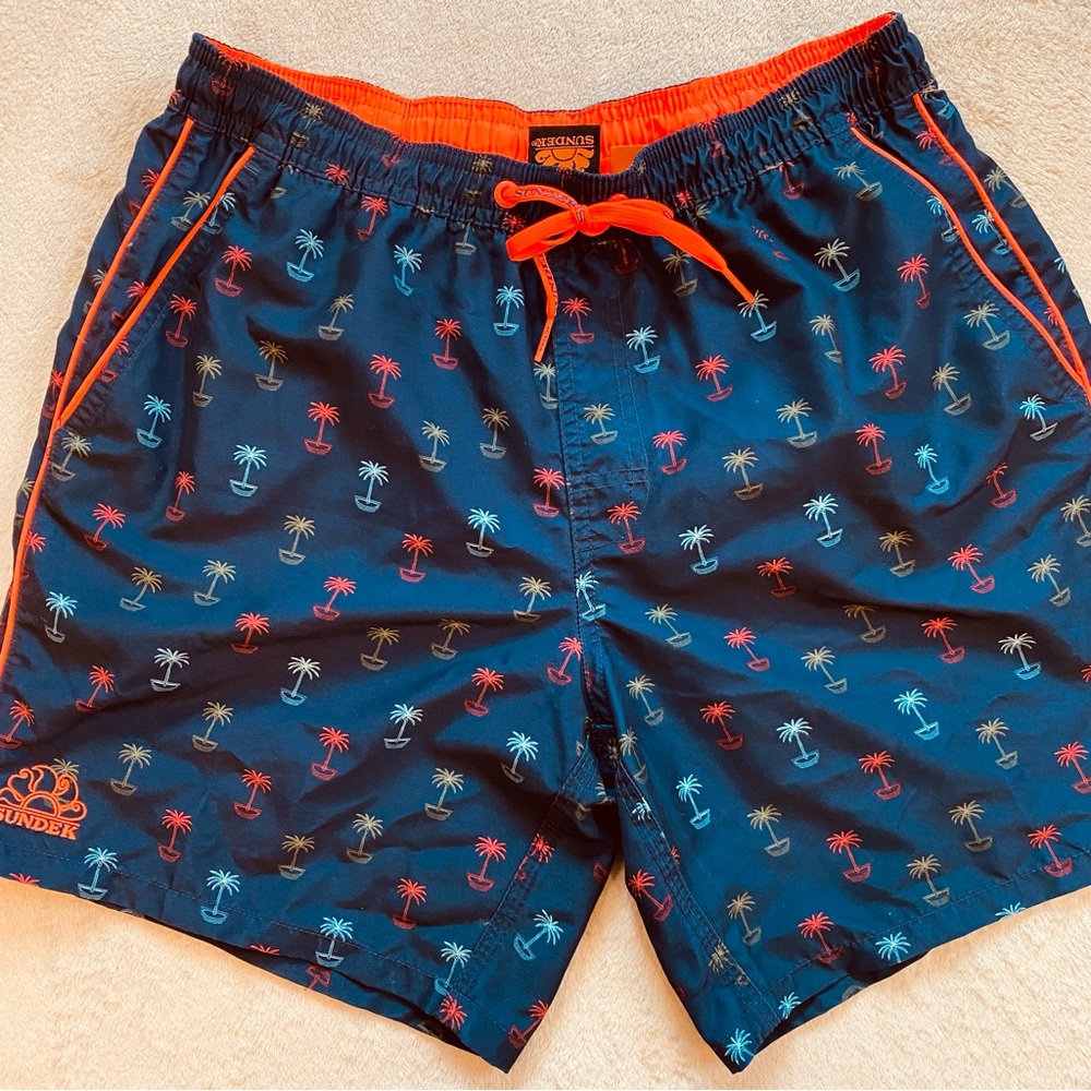 Sundek navy palm trees bathing suit with mesh liner Sz M